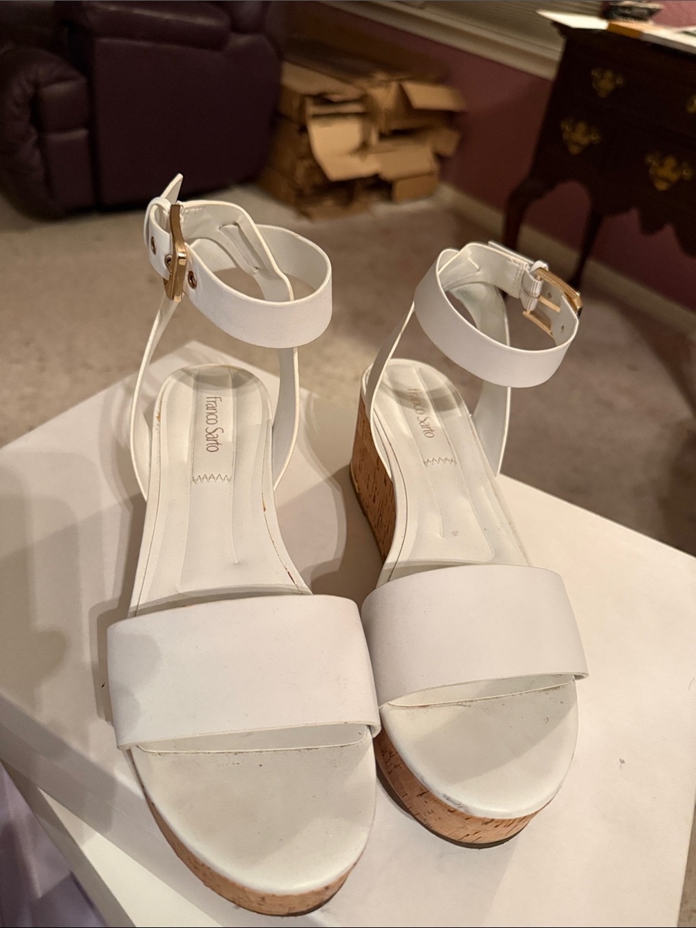 Franco Sarto L-Presley, White Cork Wedge Sandals with Ankle Strap Buckles